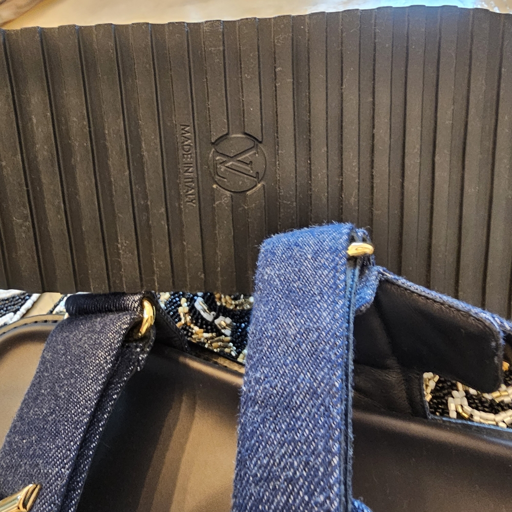 Louis Vuitton Navy Denim Logo Slide Sandals with Gold Hardware - Picture 7 of 10